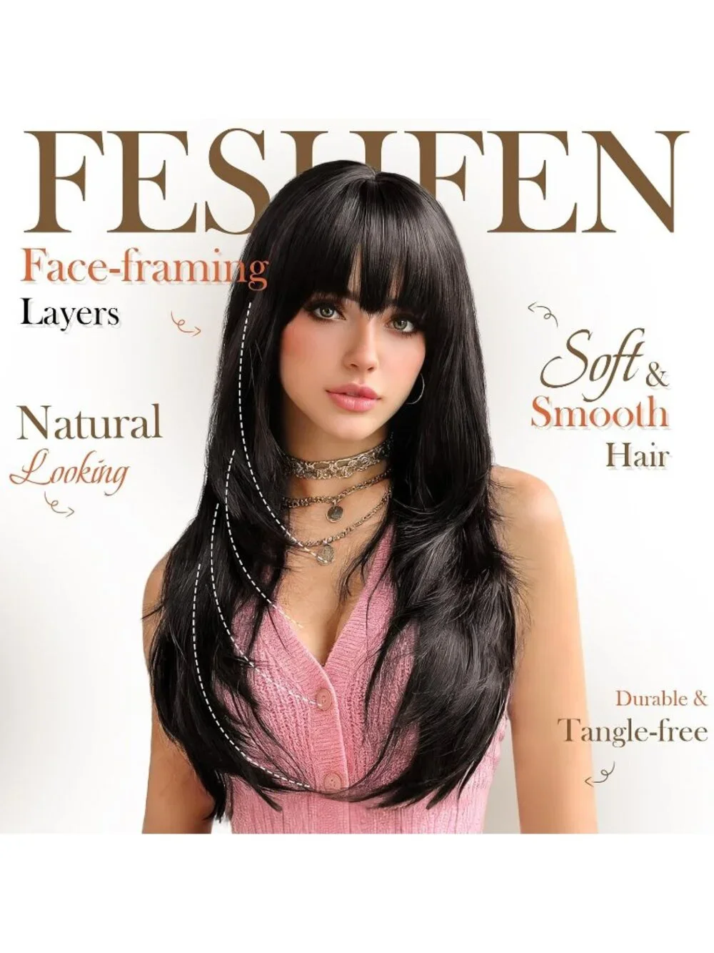 Women's Black Brown 24 Inch Natural Synthetic Long Straight Sleek Layered Wigs
